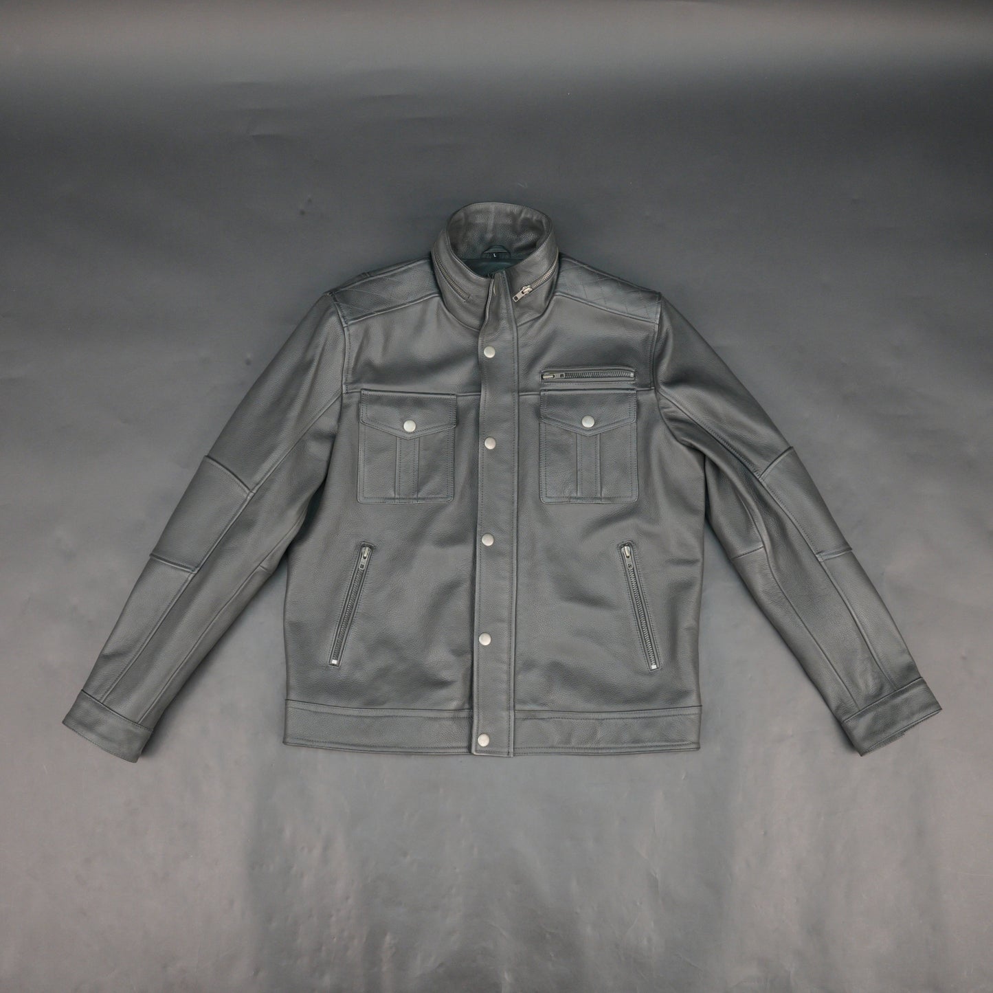 Mens Gray Stand Collar Leather Jacket - Button Front with Flap Pockets & Zip Details
#Desiderio #LeatherJacket #MensLeatherJacket #StandCollarJacket #FashionOuterwear