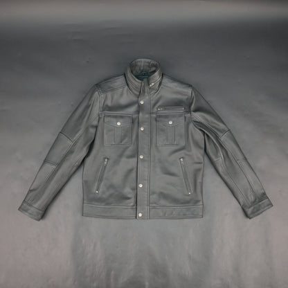 Mens Gray Stand Collar Leather Jacket - Button Front with Flap Pockets & Zip Details
#Desiderio #LeatherJacket #MensLeatherJacket #StandCollarJacket #FashionOuterwear
