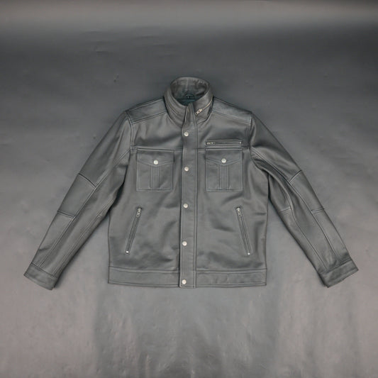 Mens Gray Stand Collar Leather Jacket - Button Front with Flap Pockets & Zip Details
#Desiderio #LeatherJacket #MensLeatherJacket #StandCollarJacket #FashionOuterwear