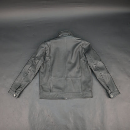 Mens Gray Stand Collar Leather Jacket - Button Front with Flap Pockets & Zip Details
#Desiderio #LeatherJacket #MensLeatherJacket #StandCollarJacket #FashionOuterwear