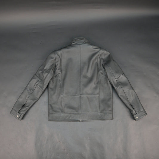 Mens Gray Stand Collar Leather Jacket - Button Front with Flap Pockets & Zip Details
#Desiderio #LeatherJacket #MensLeatherJacket #StandCollarJacket #FashionOuterwear