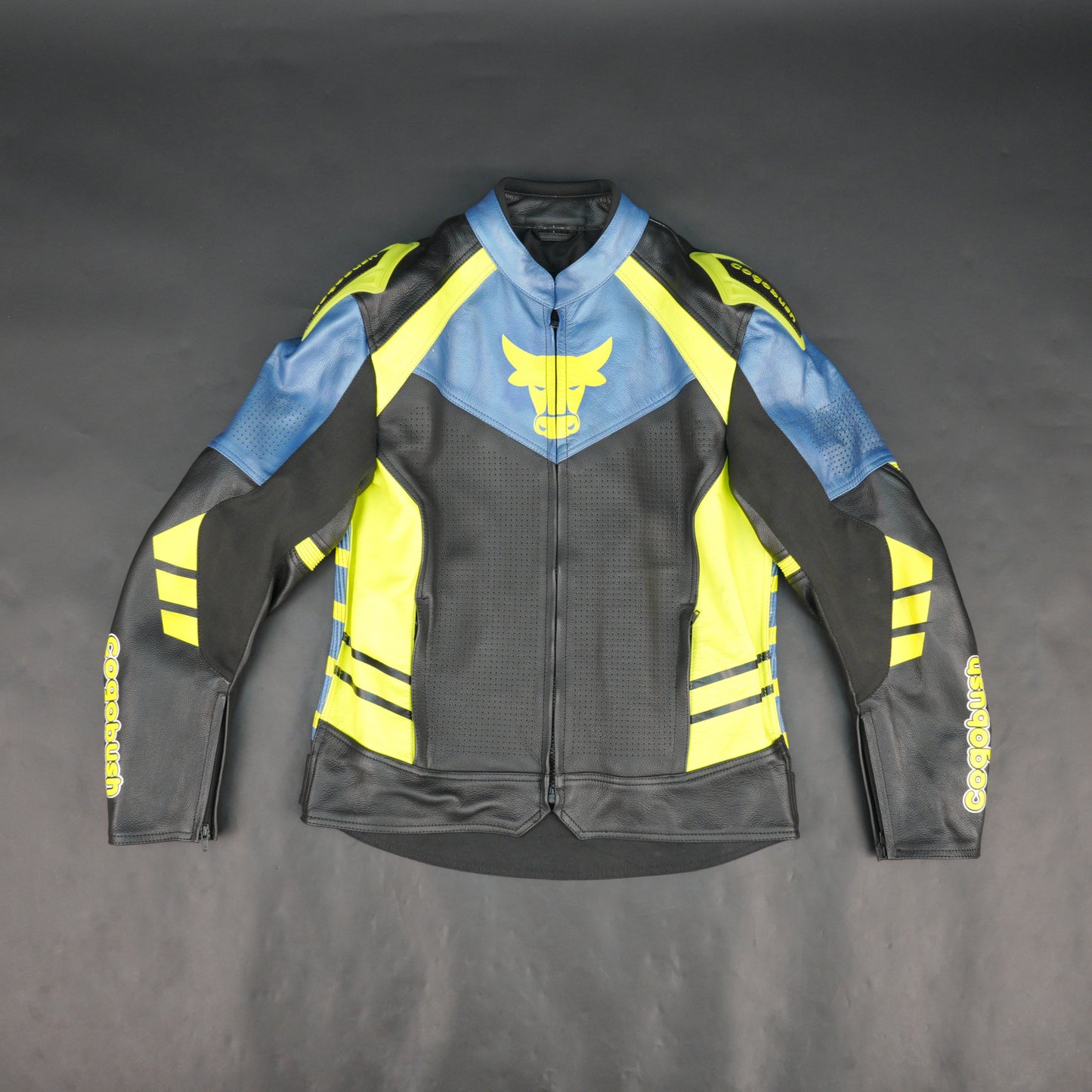 Cogobush Mens Blue Black Neon Yellow Bull Motorcycle Riding Jacket - Premium Perforated Leather Bike Jacket
#Desiderio #MotorcycleJacket #PerforatedLeatherJacket #MotorbikeGear #BikerJacket