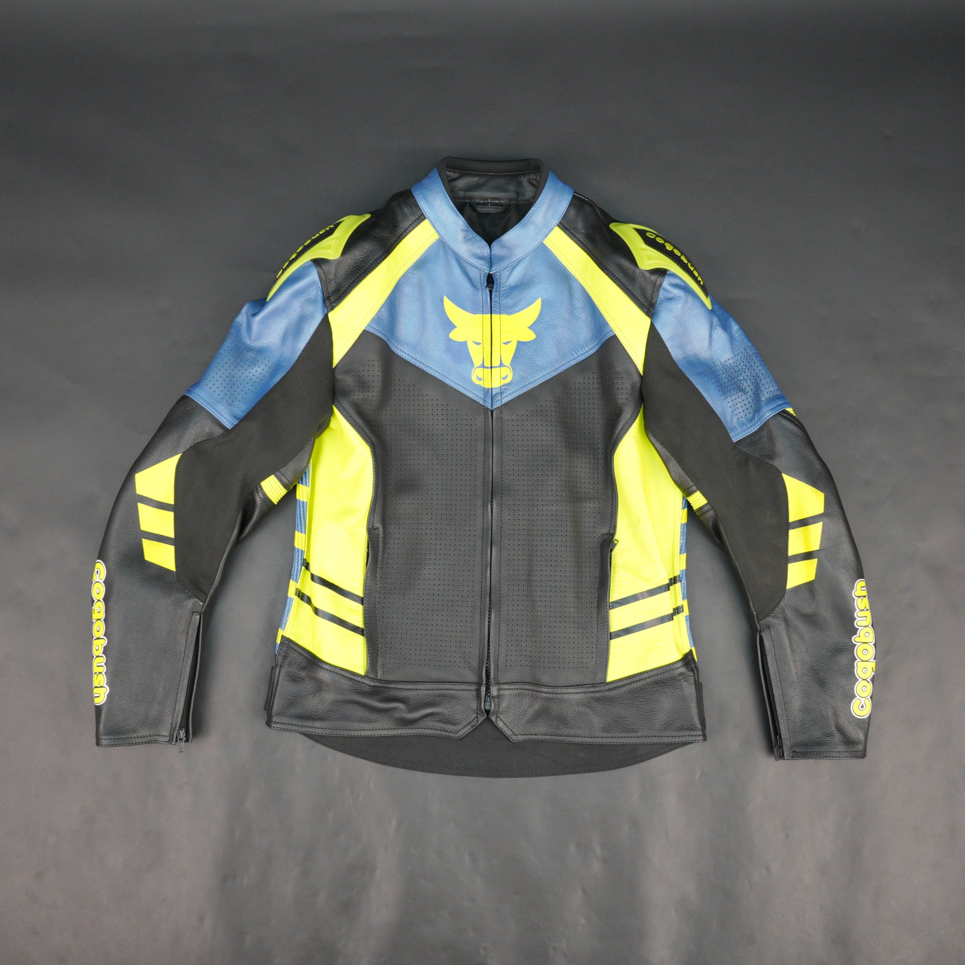 Cogobush Mens Blue Black Neon Yellow Bull Motorcycle Riding Jacket - Premium Perforated Leather Bike Jacket
#Desiderio #MotorcycleJacket #PerforatedLeatherJacket #MotorbikeGear #BikerJacket