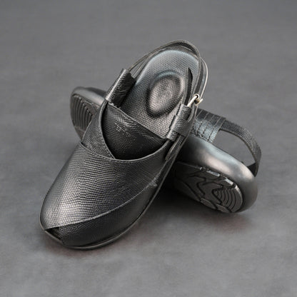 Black cow-printed W-Series leather shoe with goat leather lining, leather and EVA insole, and durable TPR sole.