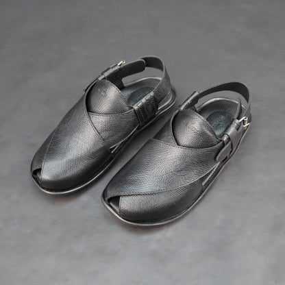 Black cow-printed W-Series leather shoe with goat leather lining, leather and EVA insole, and durable TPR sole.