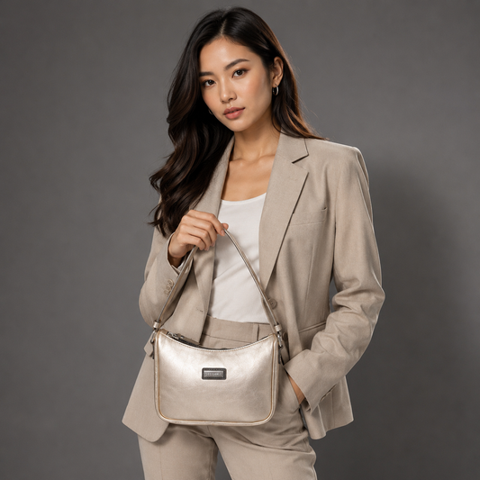 Metallic premium cow leather bag with zip closure, main compartment, and inner pocket for daily use.