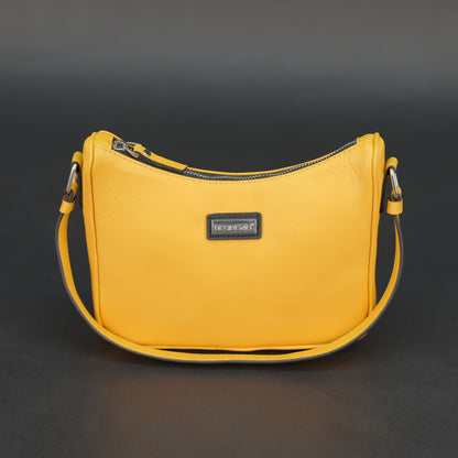 Yellow sheep leather bag with zip closure and inner pocket.