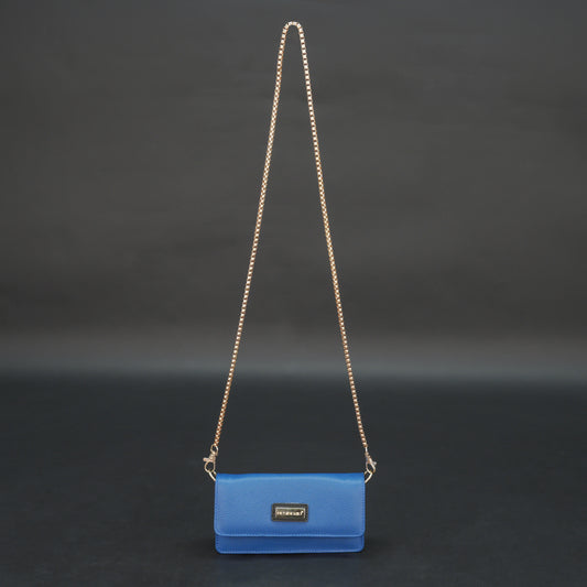 Blue cow PDM leather bag with chain strap, main compartment, and inner pocket.