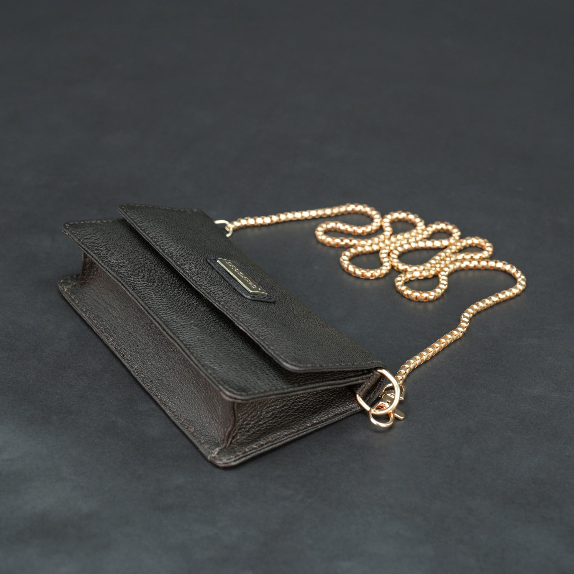 Dark brown goat leather bag with chain strap, main compartment, and inner pocket.