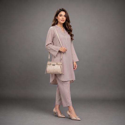 Cream cow Manisota leather bag with shoulder strap and pockets.