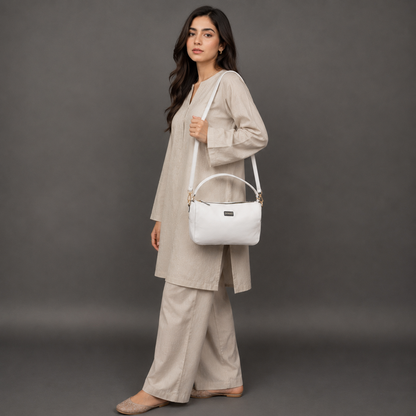 White goat leather bag with zip closure, multiple pockets, and durable everyday design.