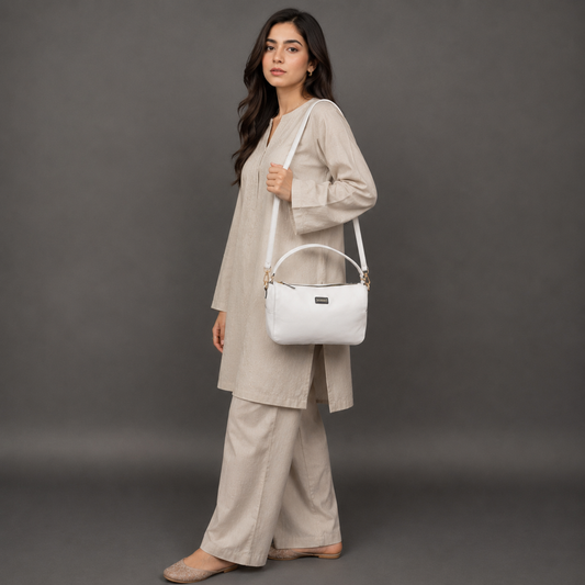 White goat leather bag with zip closure, multiple pockets, and durable everyday design.