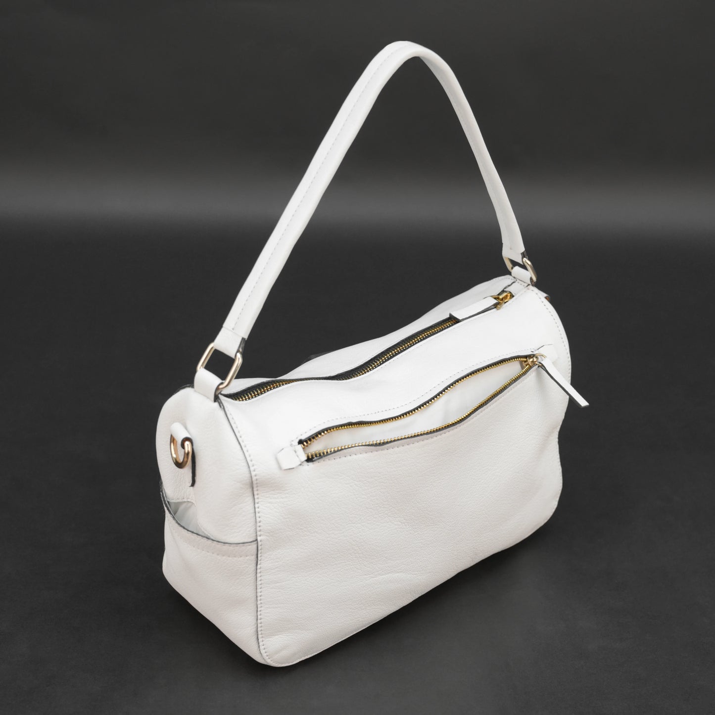 White goat leather bag with zip closure, multiple pockets, and durable everyday design.