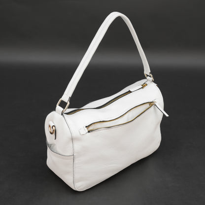 White goat leather bag with zip closure, multiple pockets, and durable everyday design.