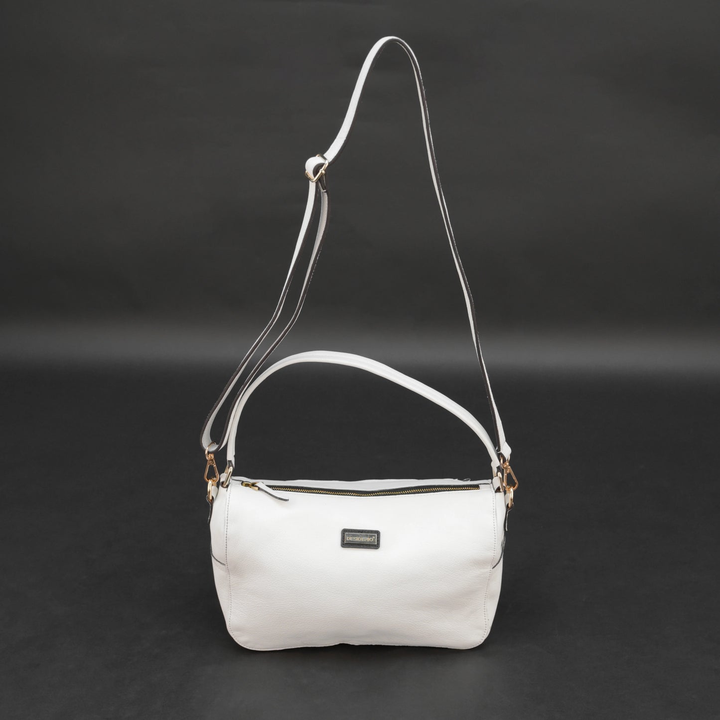 White goat leather bag with zip closure, multiple pockets, and durable everyday design.