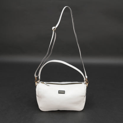 White goat leather bag with zip closure, multiple pockets, and durable everyday design.