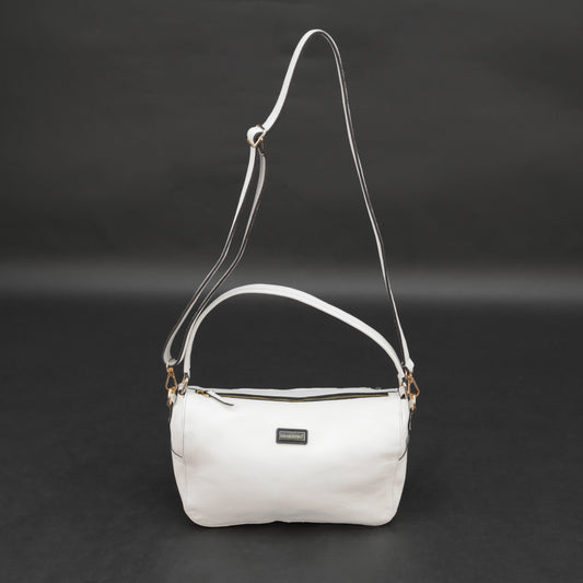 White goat leather bag with zip closure, multiple pockets, and durable everyday design.