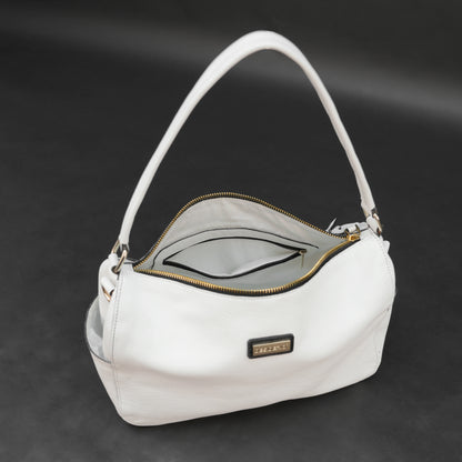 White goat leather bag with zip closure, multiple pockets, and durable everyday design.