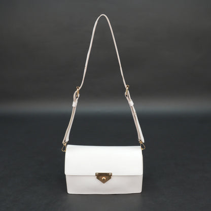 White sheep leather bag with chain strap, two compartments, and zipper pocket.