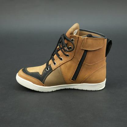Tan and black motorbike boots with mesh panels and white sole.