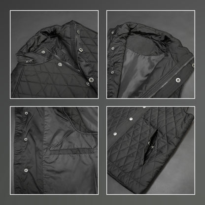 Teen black and maroon puffer vest with zip and snap closure, two side pockets, one inside pocket, warm and stylish for winter