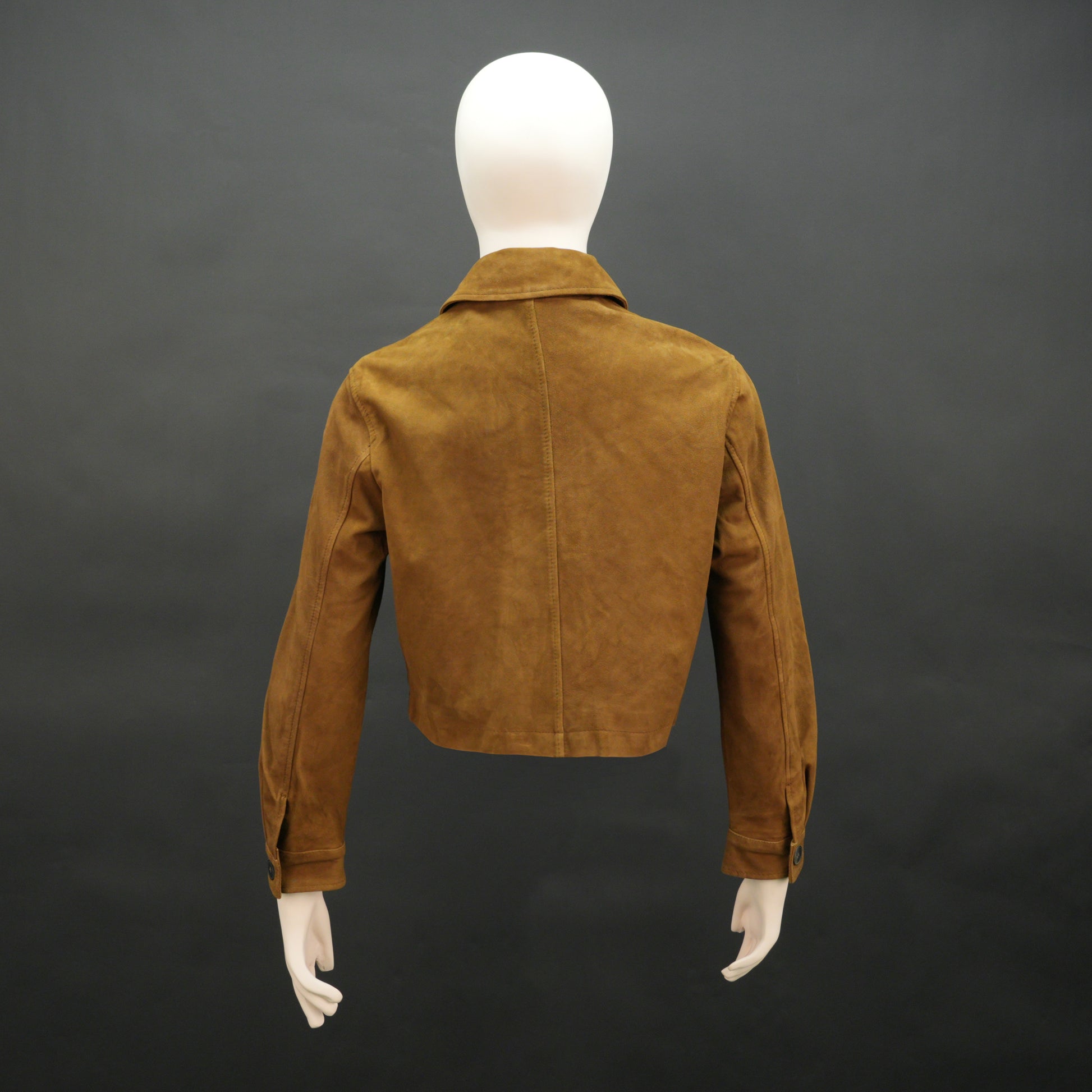 Marigold men’s mustard brown suede leather jacket with button closure, front side pockets, and a tailored fit, combining style and functionality