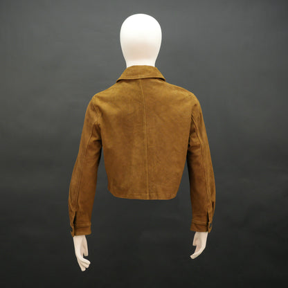 Marigold men’s mustard brown suede leather jacket with button closure, front side pockets, and a tailored fit, combining style and functionality