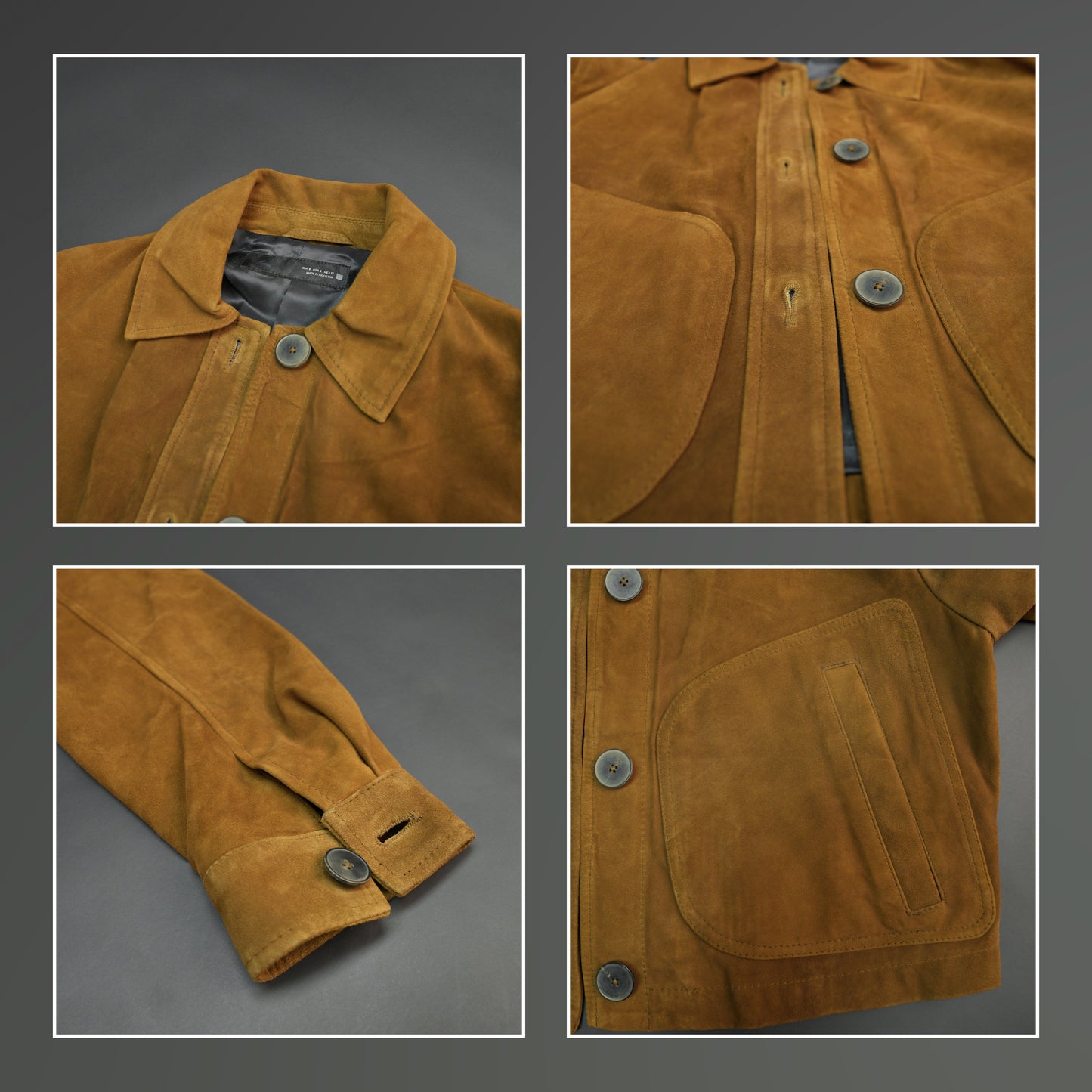 Marigold men’s mustard brown suede leather jacket with button closure, front side pockets, and a tailored fit, combining style and functionality