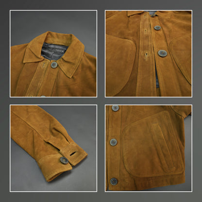 Marigold men’s mustard brown suede leather jacket with button closure, front side pockets, and a tailored fit, combining style and functionality