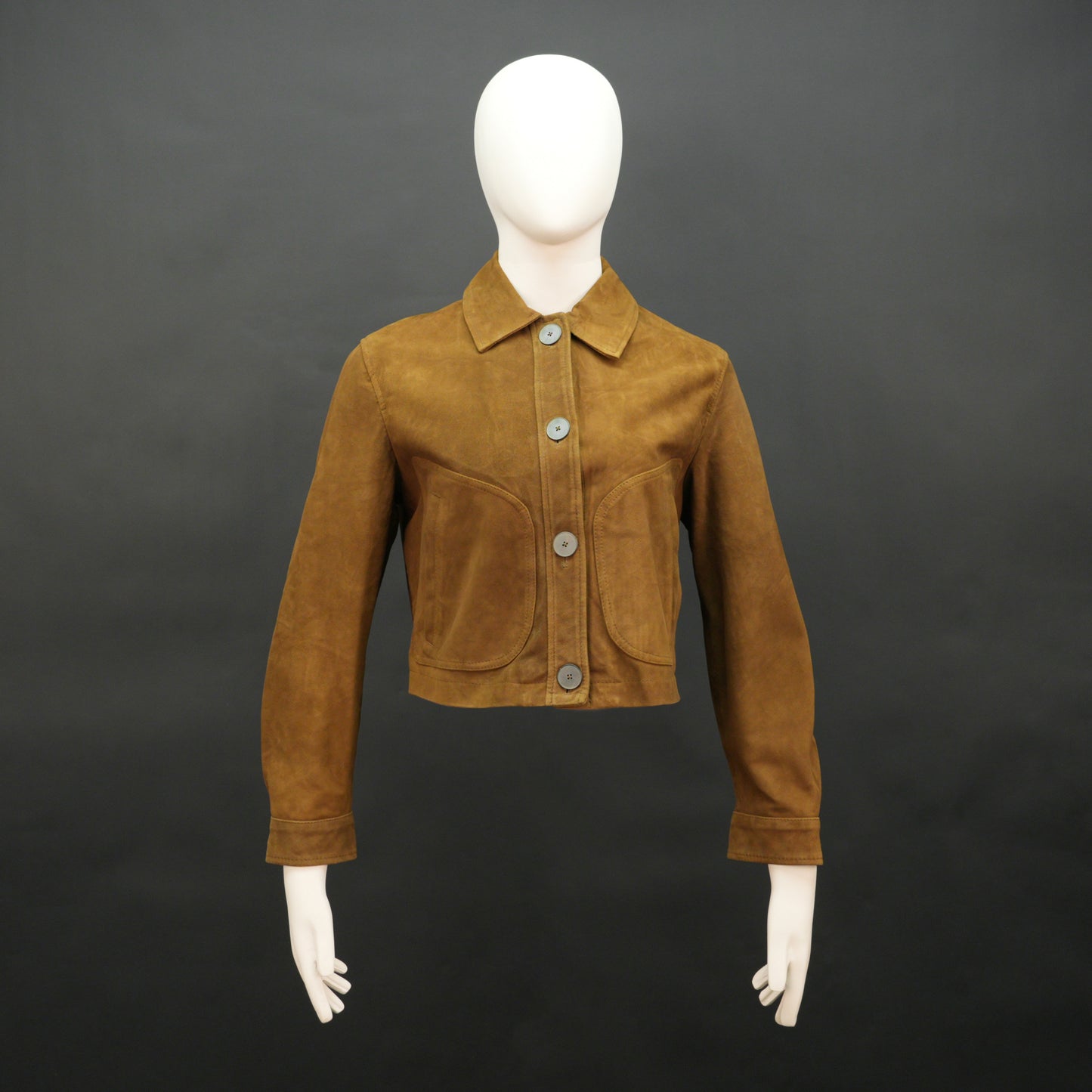 Marigold men’s mustard brown suede leather jacket with button closure, front side pockets, and a tailored fit, combining style and functionality