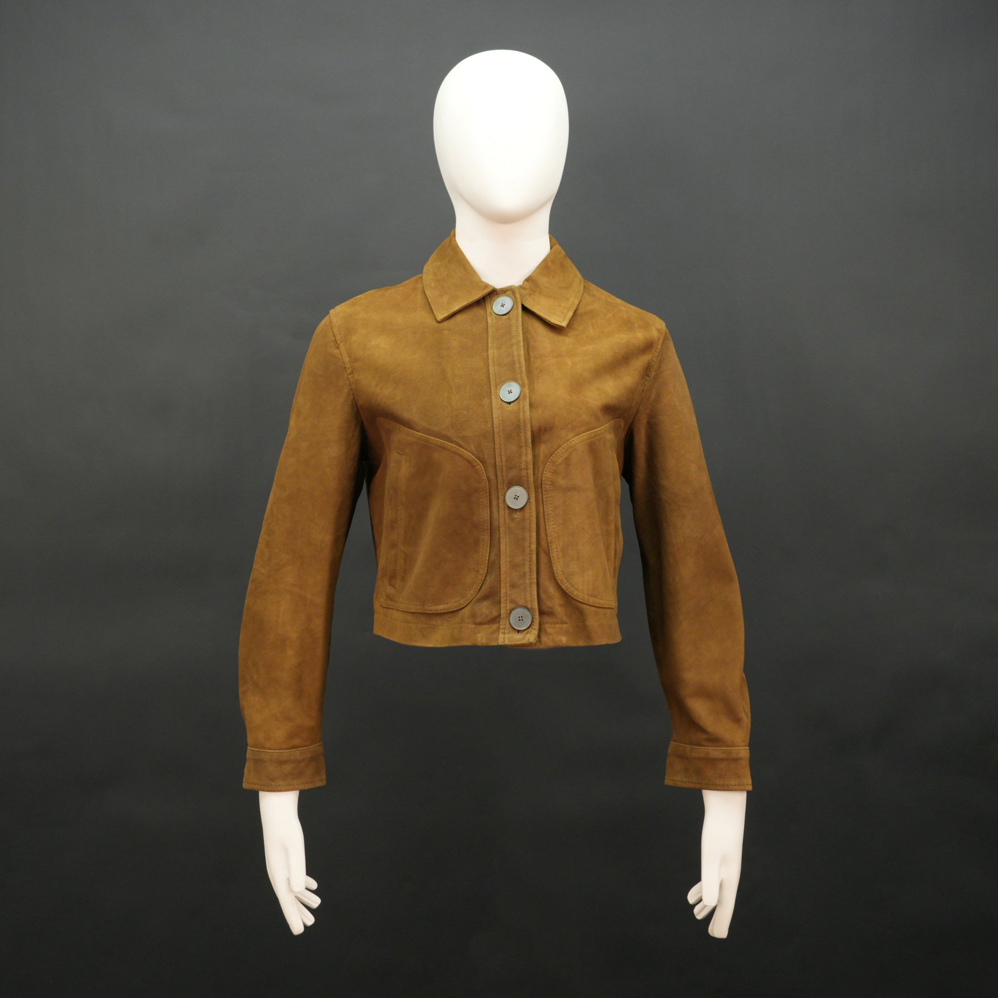 Marigold men’s mustard brown suede leather jacket with button closure, front side pockets, and a tailored fit, combining style and functionality
