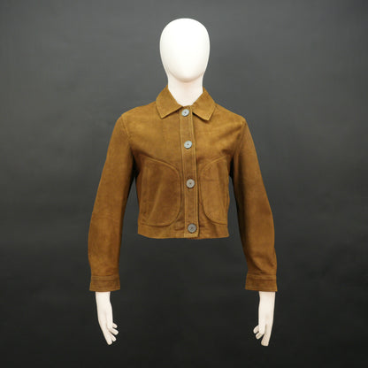 Marigold men’s mustard brown suede leather jacket with button closure, front side pockets, and a tailored fit, combining style and functionality