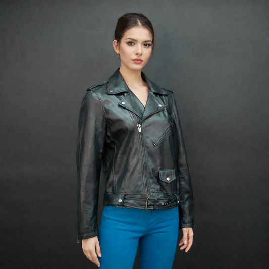 Premium black sheep leather jacket with adjustable waist belt, two front pockets, one secure inside pocket, and stylish zip closure.