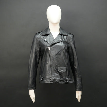 Premium black sheep leather jacket with adjustable waist belt, two front pockets, one secure inside pocket, and stylish zip closure.