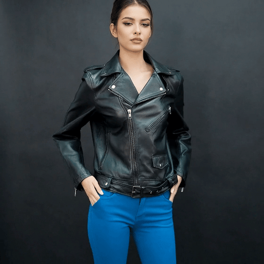 Premium black sheep leather jacket with adjustable waist belt, two front pockets, one secure inside pocket, and stylish zip closure.