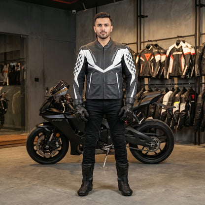 Cogobush Grey & White Checkered Racing Motorcycle Jacket with Armor Pockets #Desiderio #MotorcycleJacket #RacingJacket #RidingGear #ArmorReady #BikerStyle #ProtectiveGear #MotorcycleApparel
