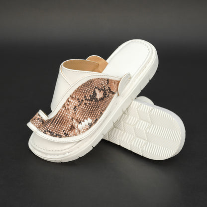 White Arabic chappal with snake-pattern PU upper and EVA sole.