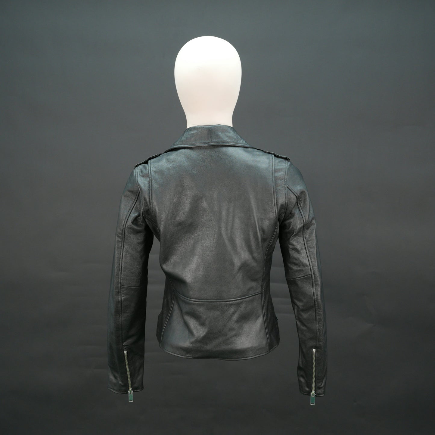 Black leather biker jacket with asymmetrical zip and belt, slim fit design.