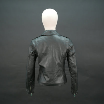 Black leather biker jacket with asymmetrical zip and belt, slim fit design.