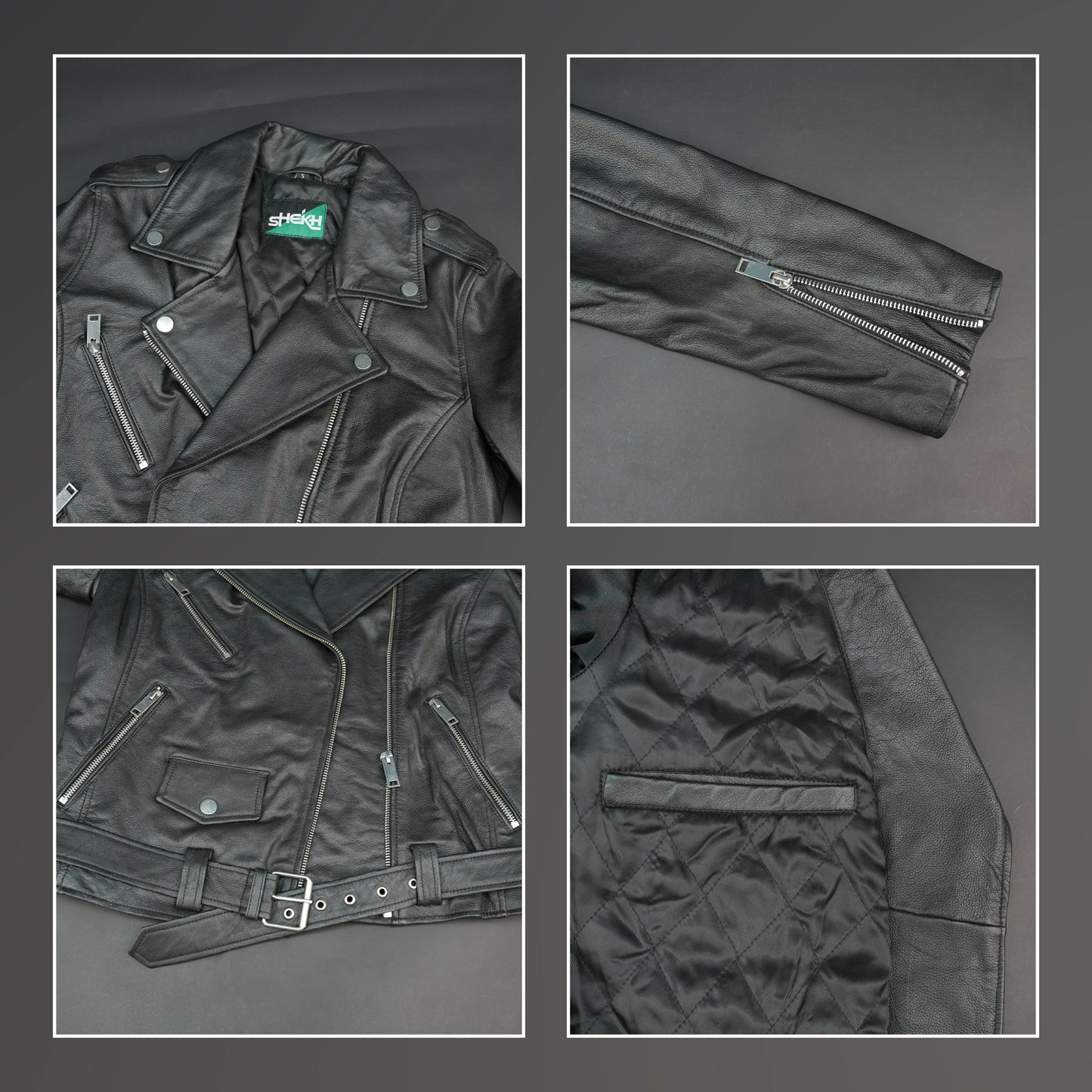 Black leather biker jacket with asymmetrical zip and belt, slim fit design.