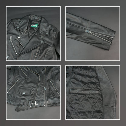 Black leather biker jacket with asymmetrical zip and belt, slim fit design.