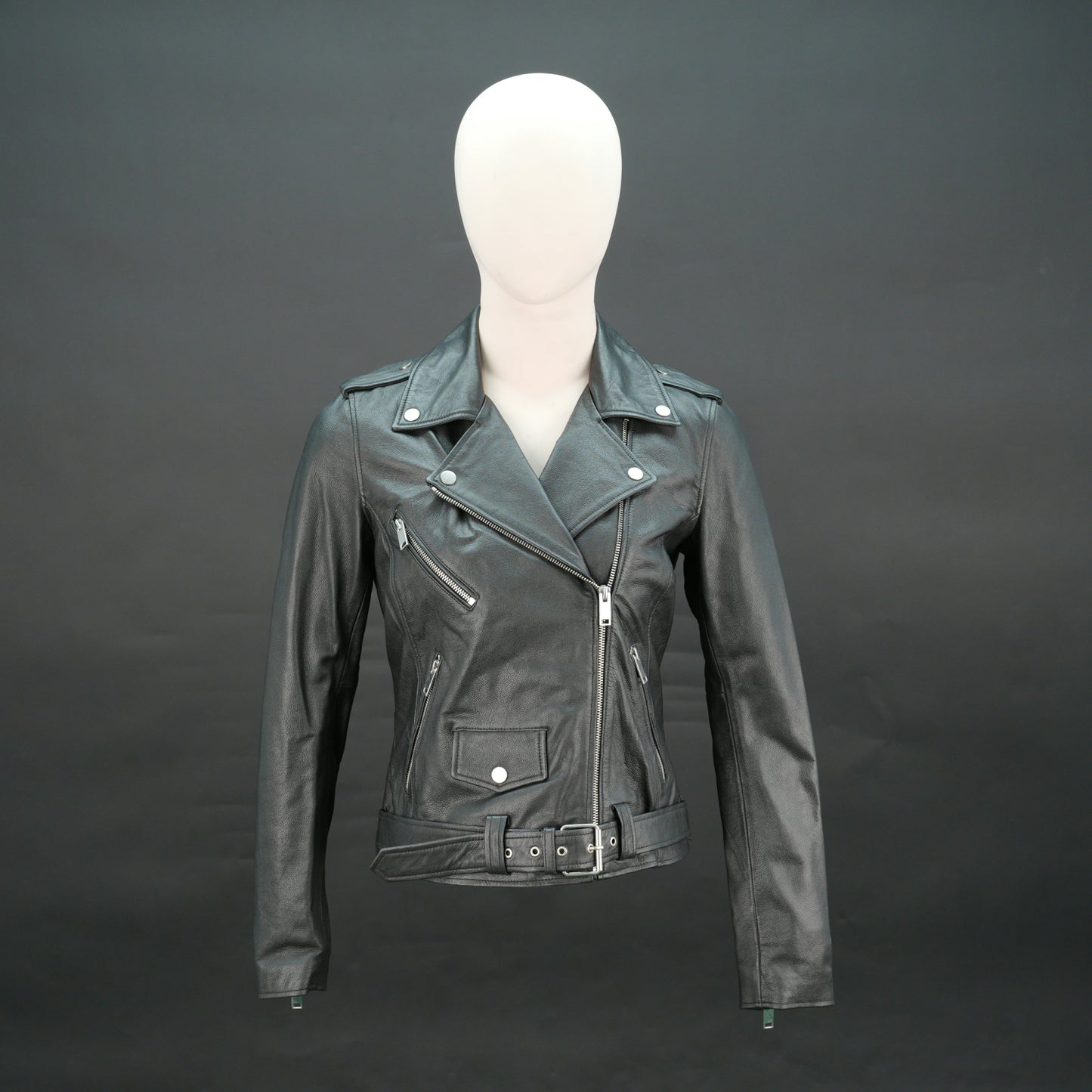 Black leather biker jacket with asymmetrical zip and belt, slim fit design.