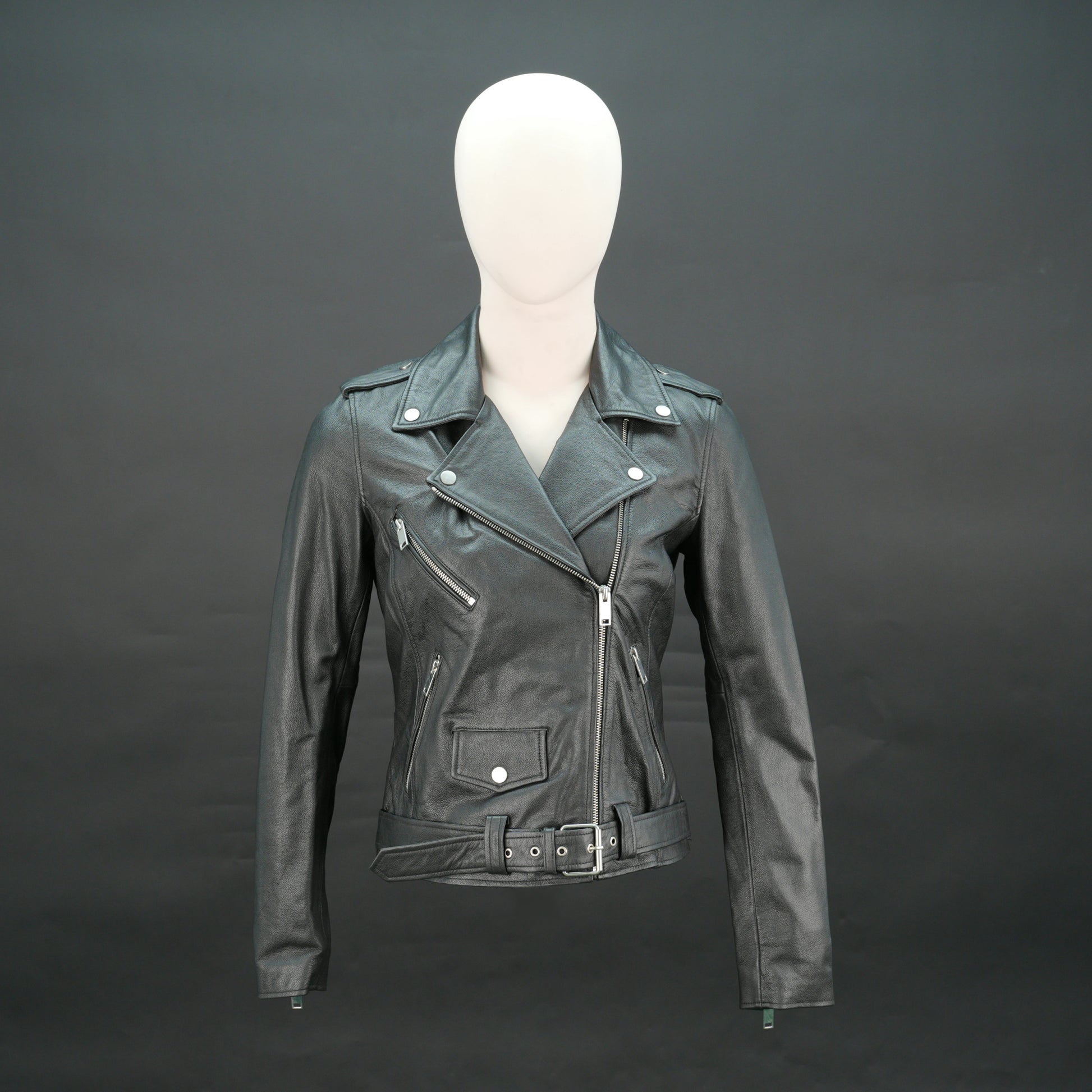 Black leather biker jacket with asymmetrical zip and belt, slim fit design.