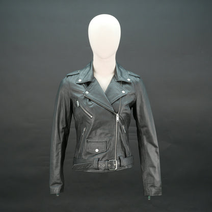 Black leather biker jacket with asymmetrical zip and belt, slim fit design.