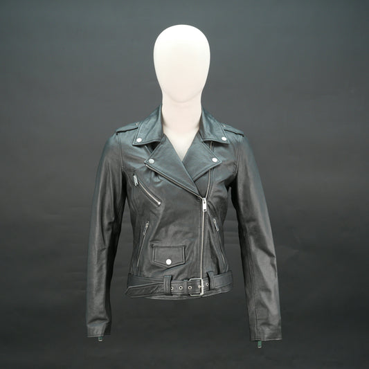 Black leather biker jacket with asymmetrical zip and belt, slim fit design.