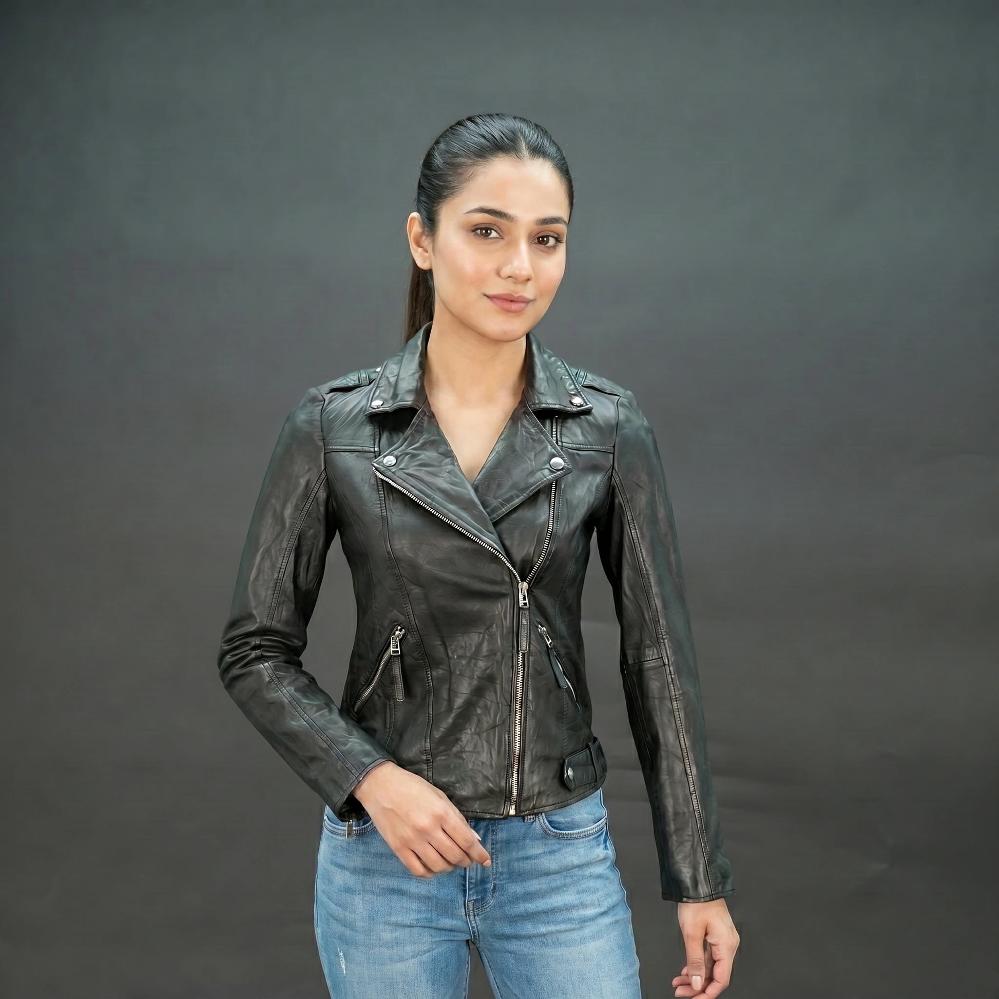 Black lambskin leather biker jacket with asymmetrical zip and lapel collar.