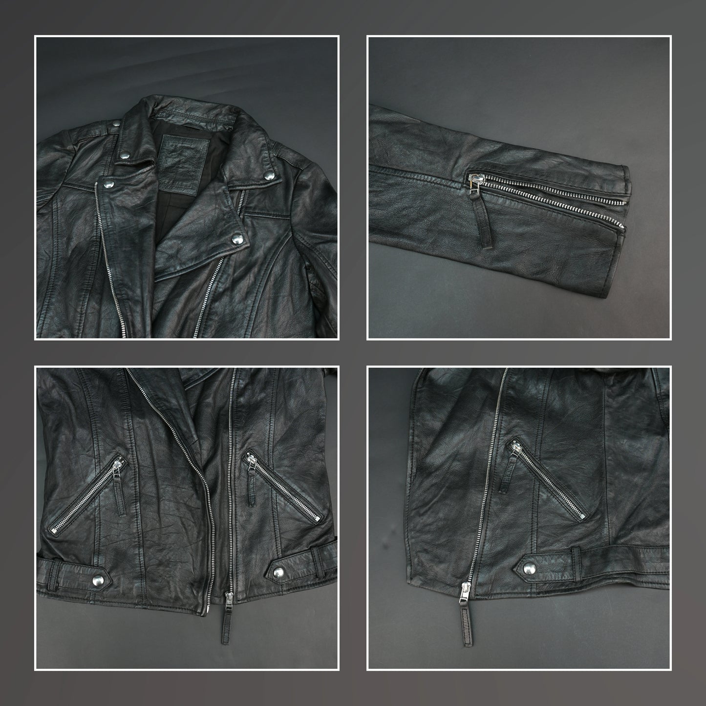 Black lambskin leather biker jacket with asymmetrical zip and lapel collar.