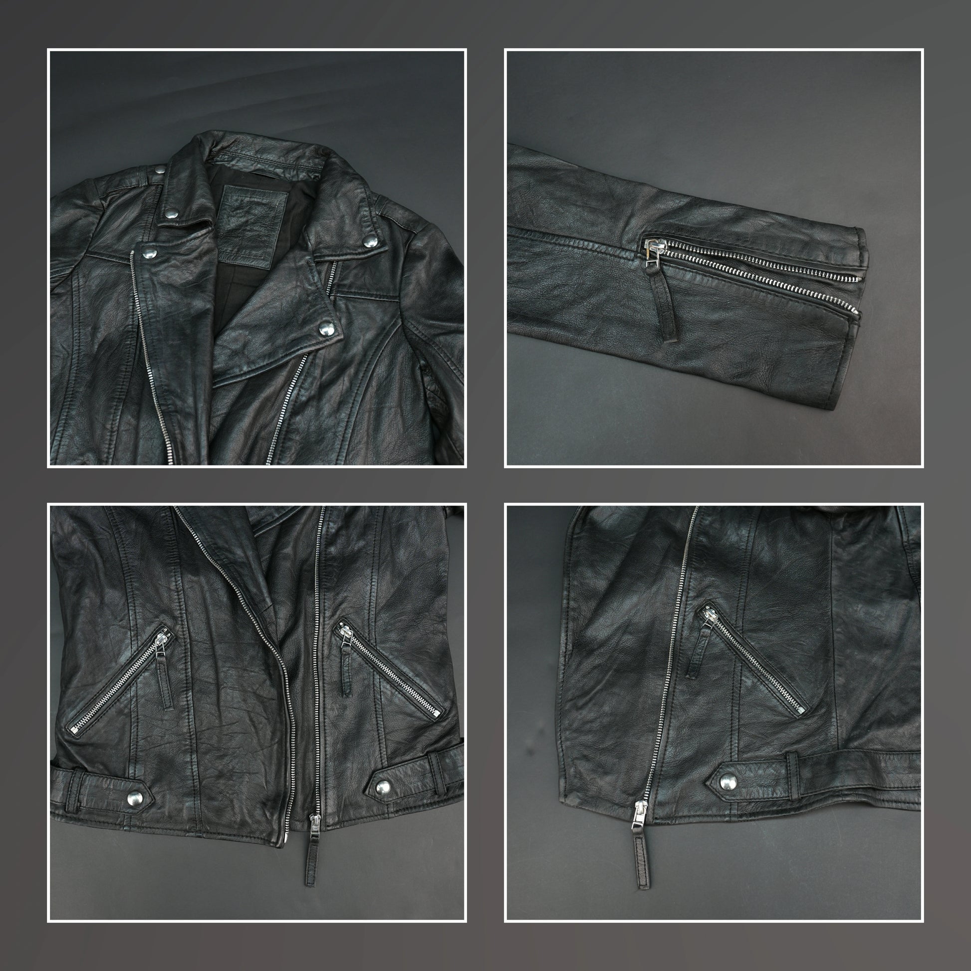 Black lambskin leather biker jacket with asymmetrical zip and lapel collar.