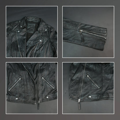 Black lambskin leather biker jacket with asymmetrical zip and lapel collar.