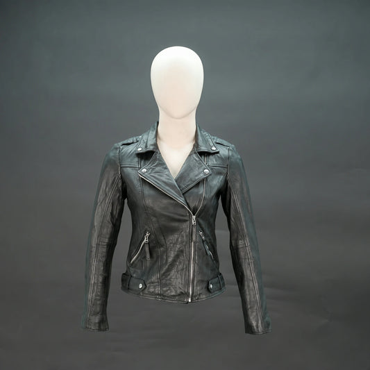 Black lambskin leather biker jacket with asymmetrical zip and lapel collar.